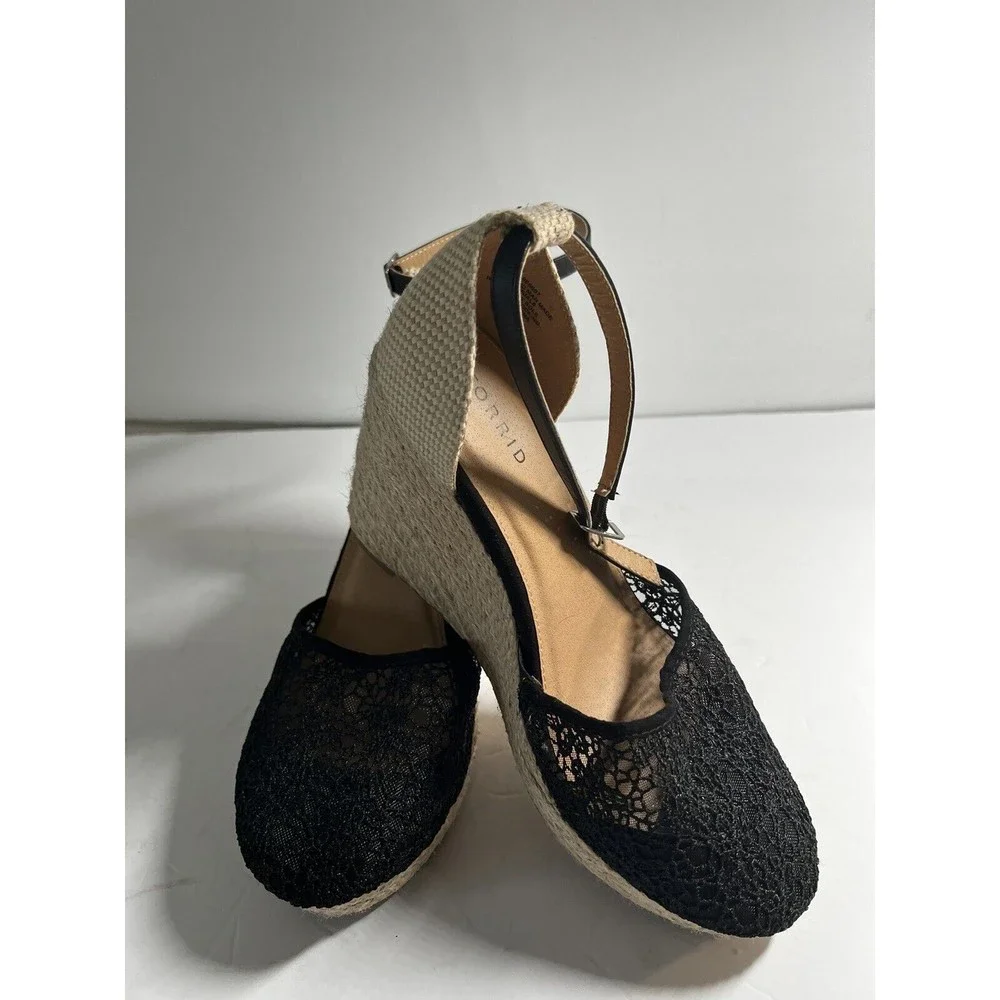 Torrid Women's Size 10 Wide Black Crochet Wedge Platform Espadrille Sandals Boho